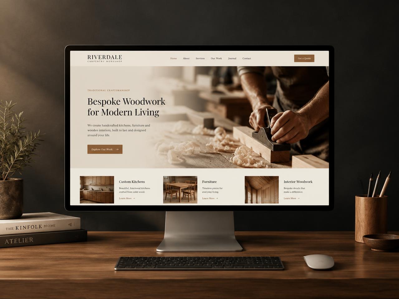 Konzeptprojekt: Webseiten-Mockup für eine Schreinerei auf einem Monitor